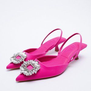 NWT Zara Shimmery Slingback Heels mules with rhinestone detail, magenta pink